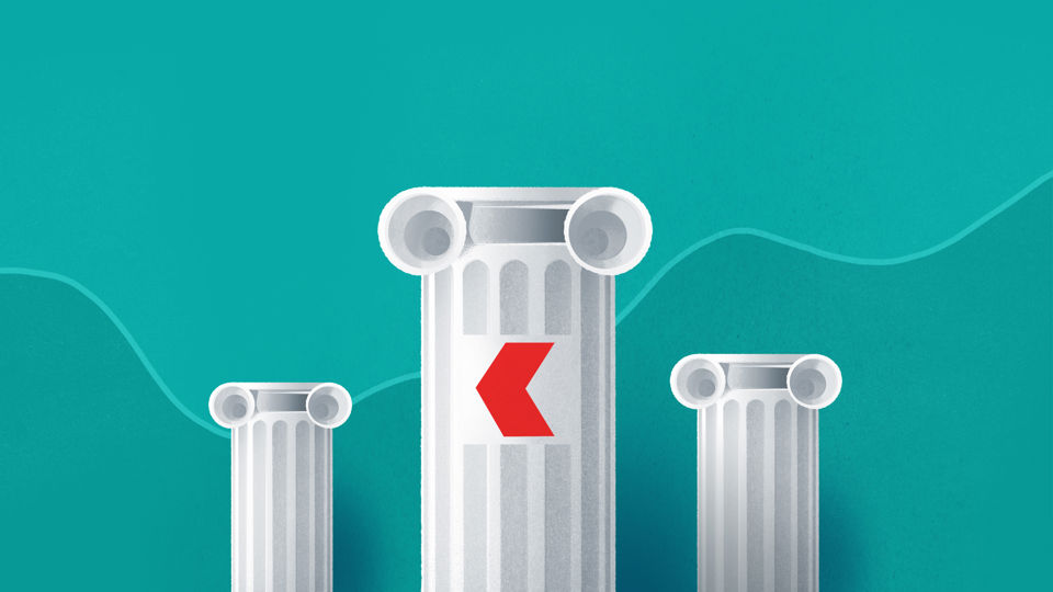 Illustration für Swisscanto BVG Vorsorgefonds - Drei klassische Säulen mit dem Swisscanto Logo