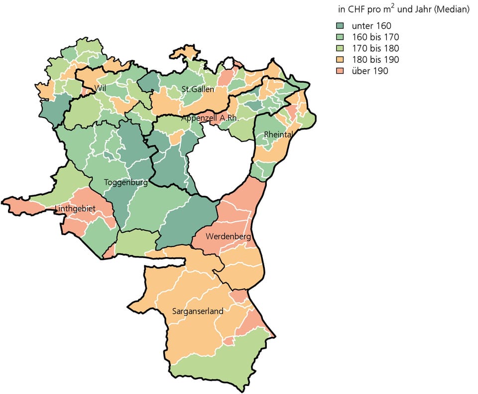Karte zu Wohnungsmieten anhand der Wohnungsfläche im ganzen Kanton St.Gallen