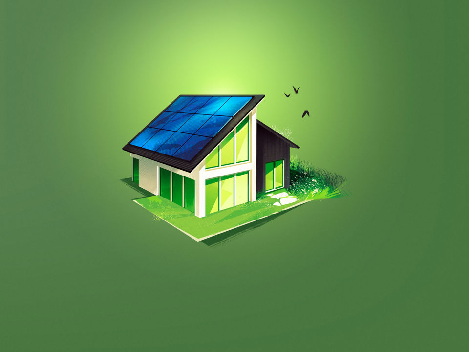 Illustration eines nachhaltigen Einfamilienhauses mit Solarpanels auf dem Dach