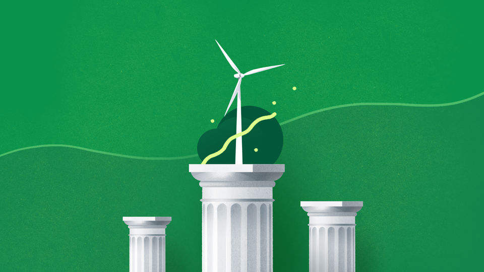 Illustration für Vorsorgefonds Einkommen Eco - Drei klassische, dorische Säulen mit Windrad