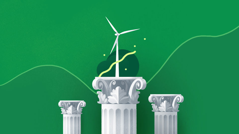 Illustration für Vorsorgefonds Wachstum Eco - Drei klassische, korinthische Säulen mit Windrad