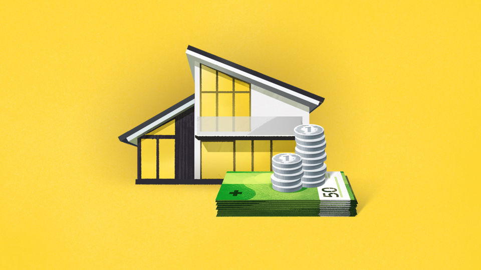 Illustration eines Hauses mit einem Geldstapel vorne