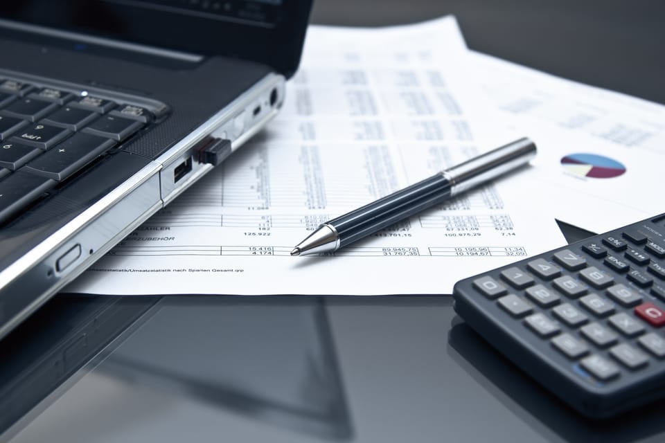 Ein Kugelschreiber liegt auf einem Blatt mit Berechnungen neben einem Notebook und Taschenrechner
