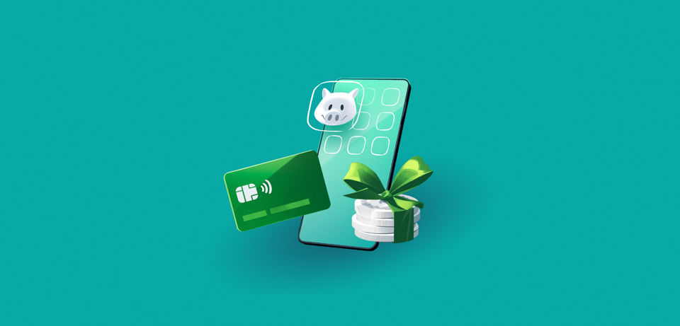 SGKB You - Illustration eines Smartphones mit Sparapp, einer Bankkarte und eines Münzstapels