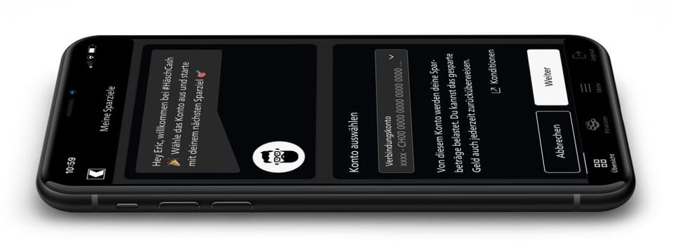 Startscreen der SGKB Spar-App HäschCash  im Dark Mode auf einem Smartphone