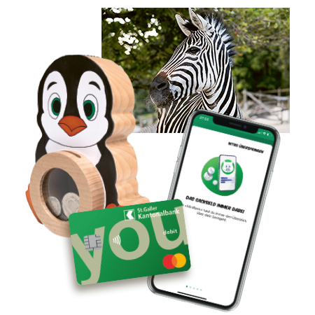 Vorteile und Geschenke von SGKB You: Pinguinkässeli, Zoo-Erlebnisse, MiniBank-App und Einzahlkarte