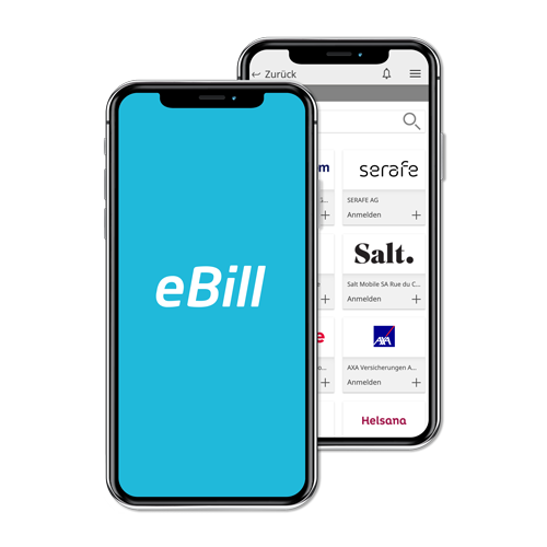 Die Funktion eBill und eine Liste möglicher Rechnungssteller auf einem Smartphone