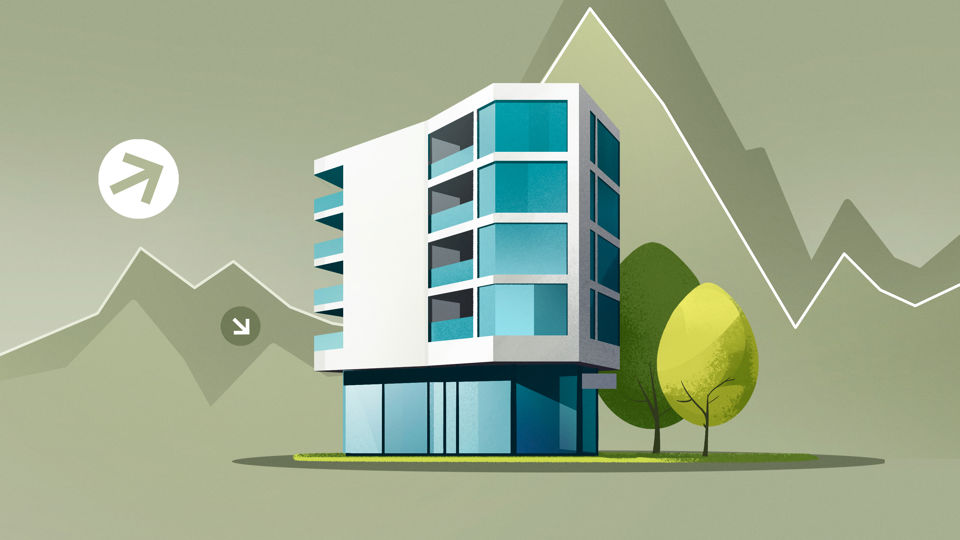 Illustration eines Mehrfamilienhauses in einer Konjunkturlandschaft