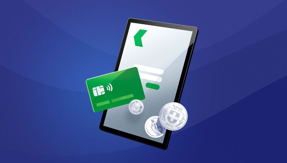Illustration eines Tablets, einer Bankkarte und einiger Franken-Münzen