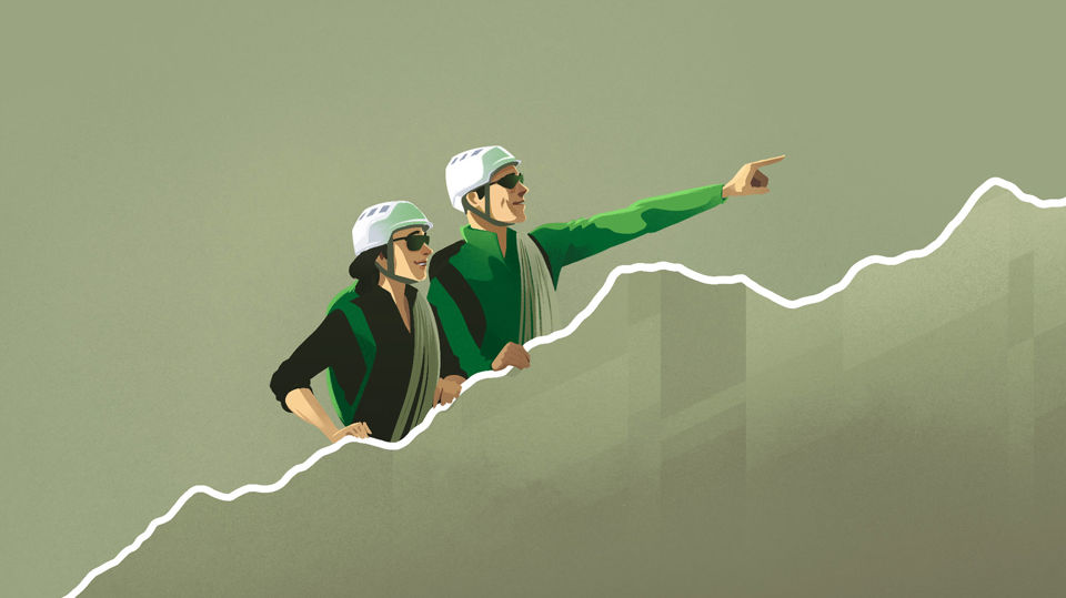 Illustration von zwei Wanderern welche über eine steigende Börsenkurve schauen