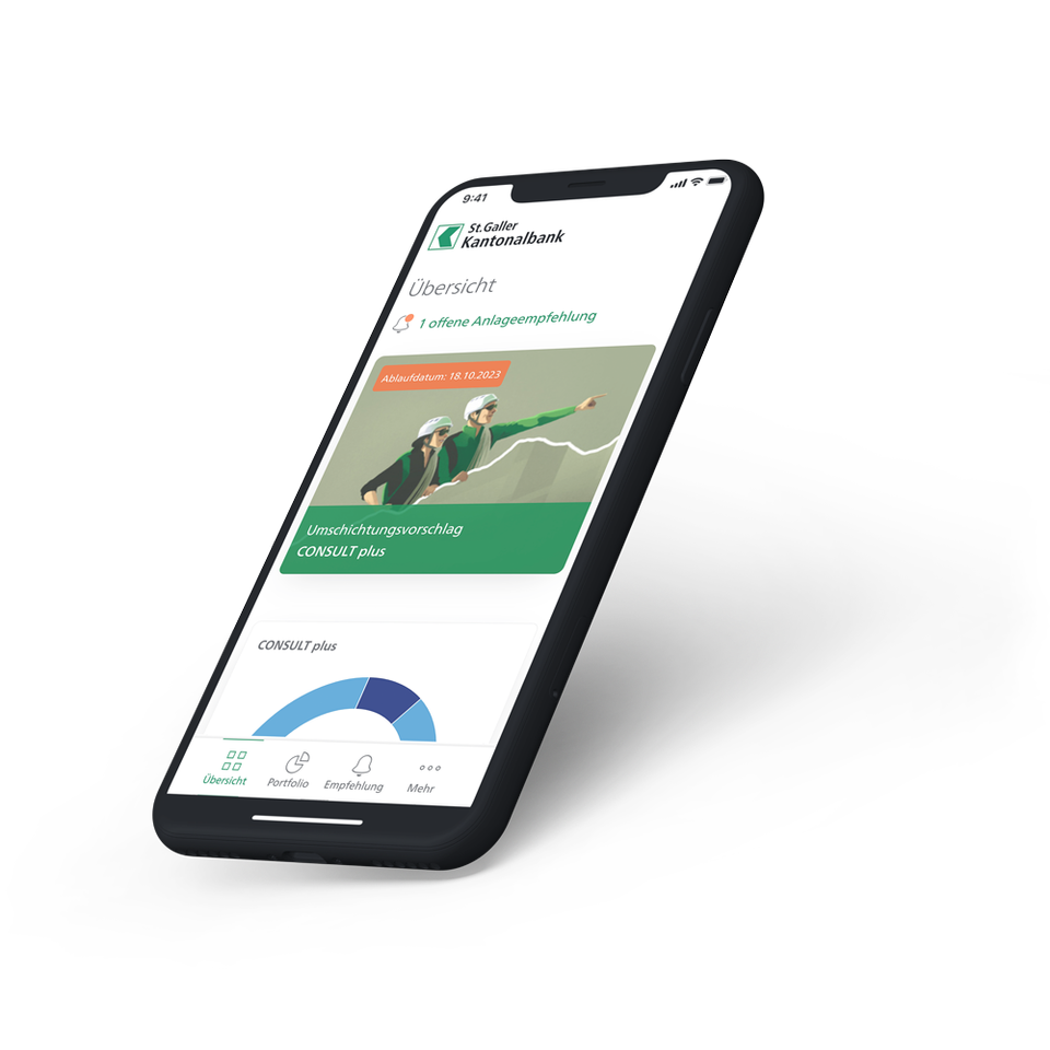 Smartphone zeigt die Ansicht von Anlageempfehlungen unter "Meine Anlagen" in der SGKB App