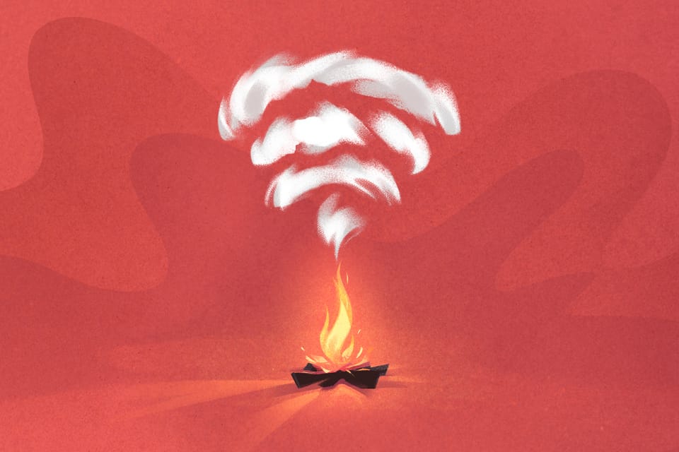 Illustration eines Lagerfeuers mit Rauchzeichen in Form von Verbindungsbalken