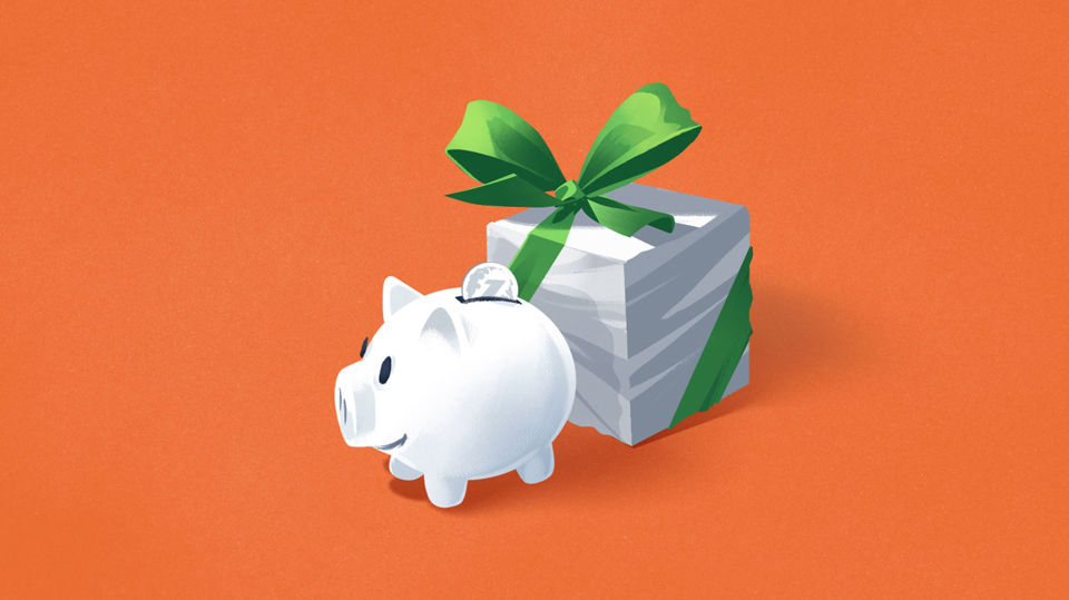Illustration eines Sparschweins mit Münze und einem Geschenk im Hintergrund