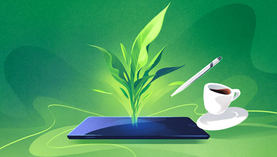 Illustration eines iPads aus dem eine Pflanze wächst mit Kaffee und Schreiber in der Luft